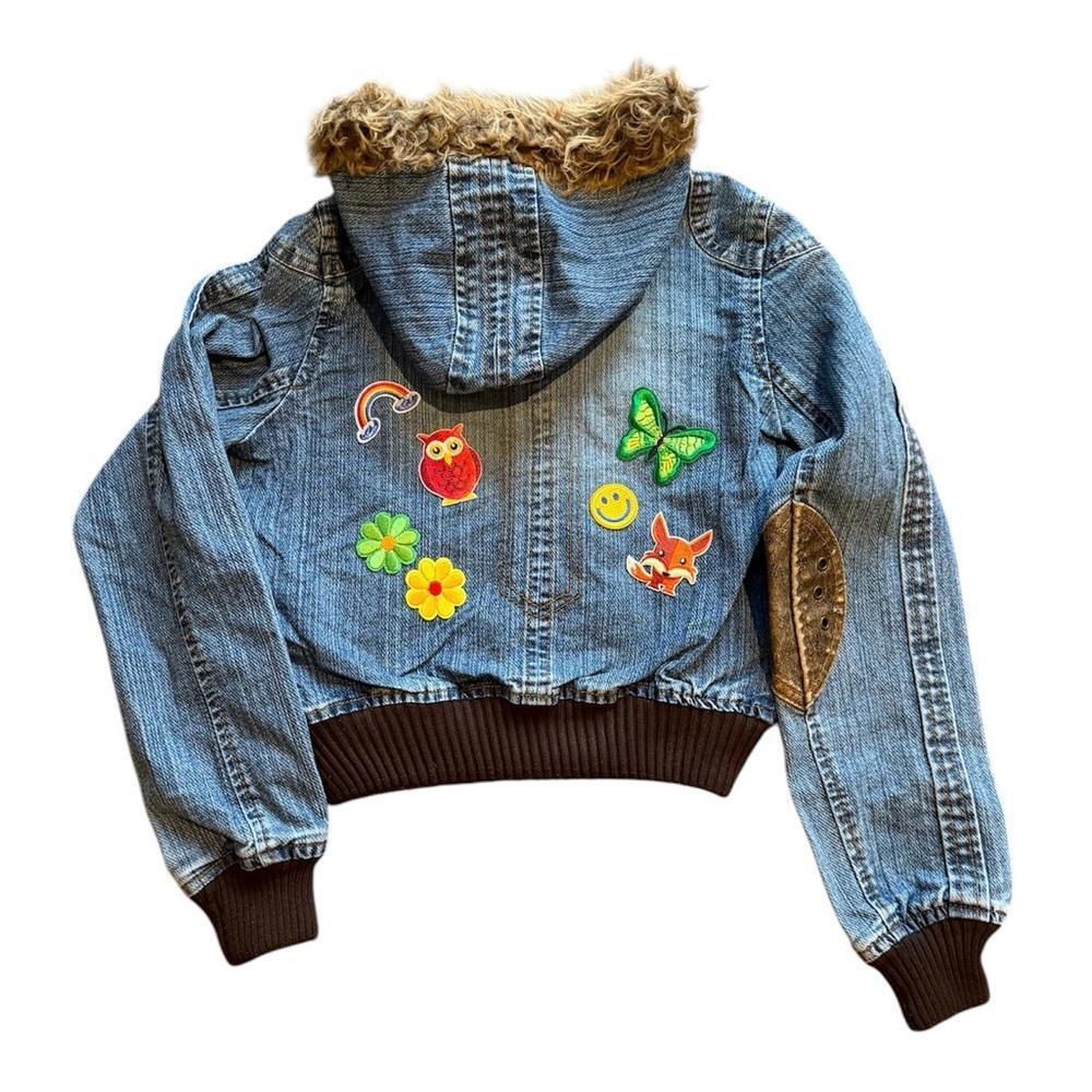 ☮️Upcycled Vintage Denim Jacket Faux Fur Hooded Embroidered Patches Y2K Bomber